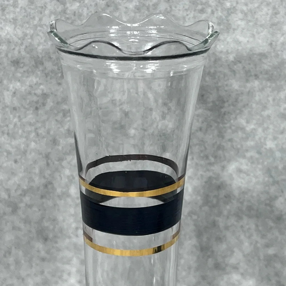 Mid Century Modern Style Vases Black Gold Painted Stripes Ruffled‎ Edge Opening